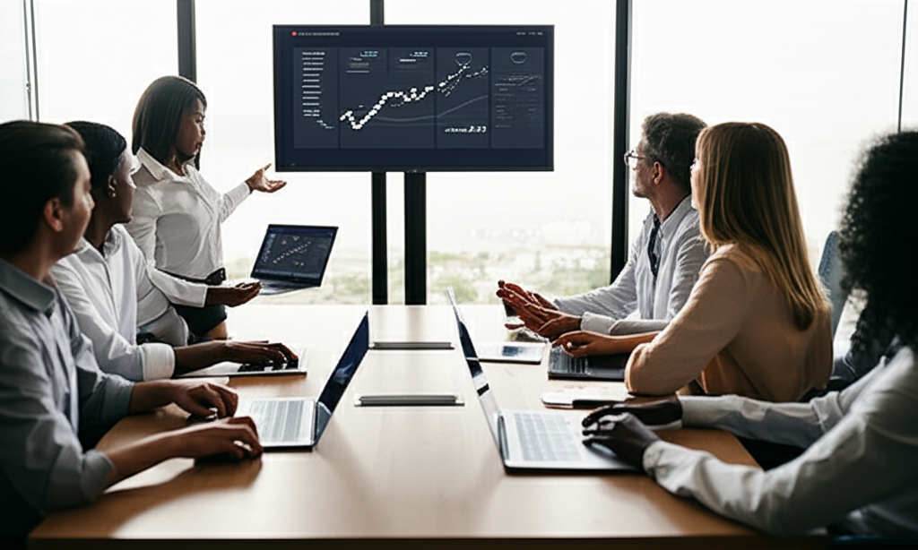 Team collaborating on digital strategy in a modern workspace